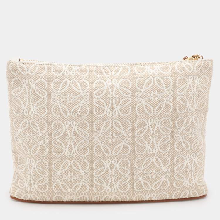 Pre Owned Loewe x Paula's Ibiza Beige/White Canvas and Leather Anagram Pouch Clutch