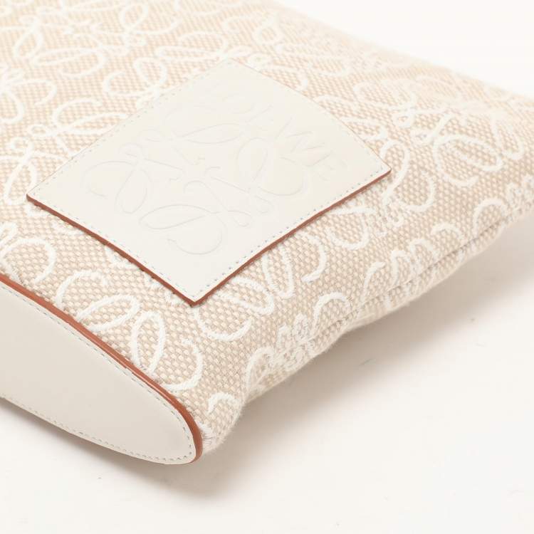 Pre Owned Loewe x Paula's Ibiza Beige/White Canvas and Leather Anagram Pouch Clutch