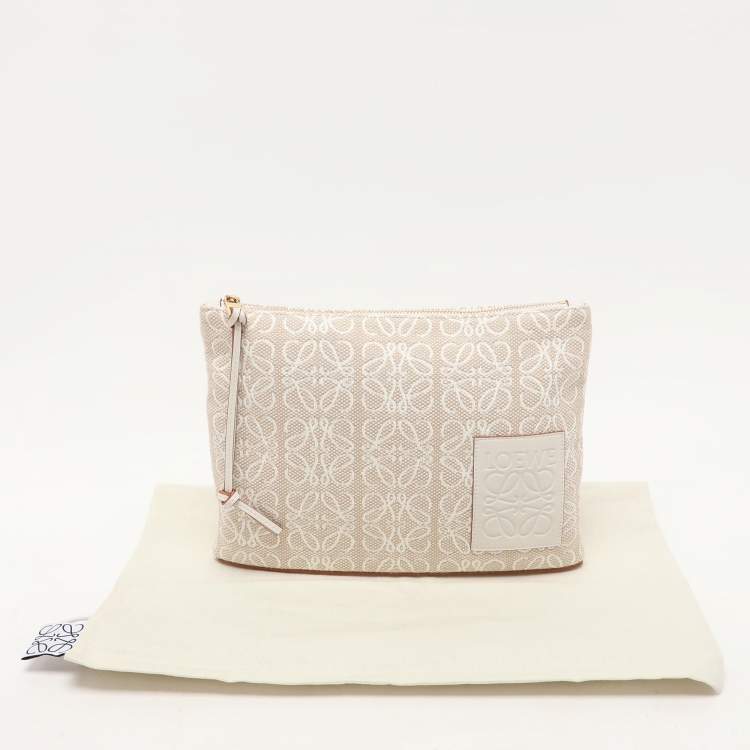 Pre Owned Loewe x Paula's Ibiza Beige/White Canvas and Leather Anagram Pouch Clutch