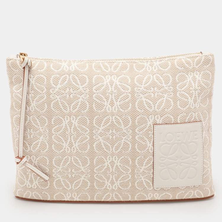 Pre Owned Loewe x Paula's Ibiza Beige/White Canvas and Leather Anagram Pouch Clutch