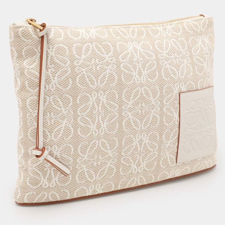 Pre Owned Loewe x Paula's Ibiza Beige/White Canvas and Leather Anagram Pouch Clutch
