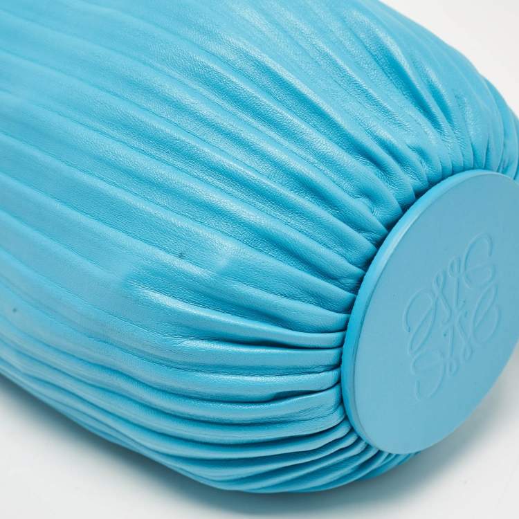 Pre Owned Loewe Light Blue Pleated Leather Bracelet Pouch Bag