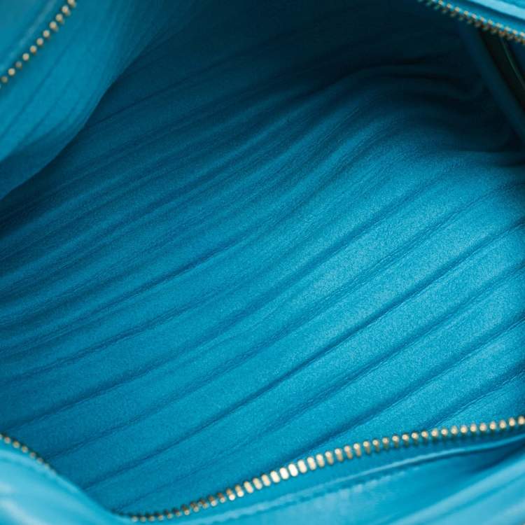 Pre Owned Loewe Light Blue Pleated Leather Bracelet Pouch Bag