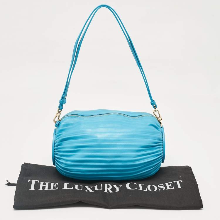 Pre Owned Loewe Light Blue Pleated Leather Bracelet Pouch Bag
