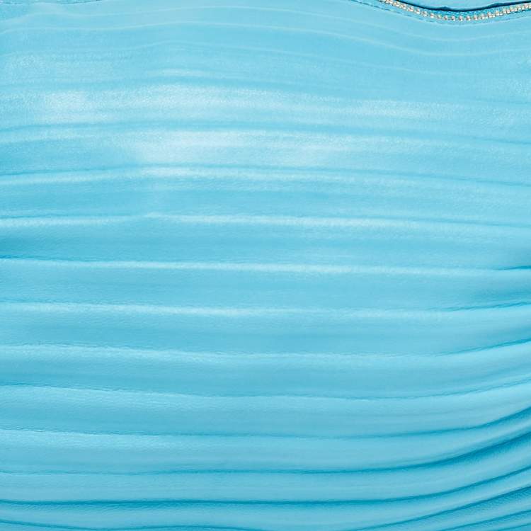 Pre Owned Loewe Light Blue Pleated Leather Bracelet Pouch Bag