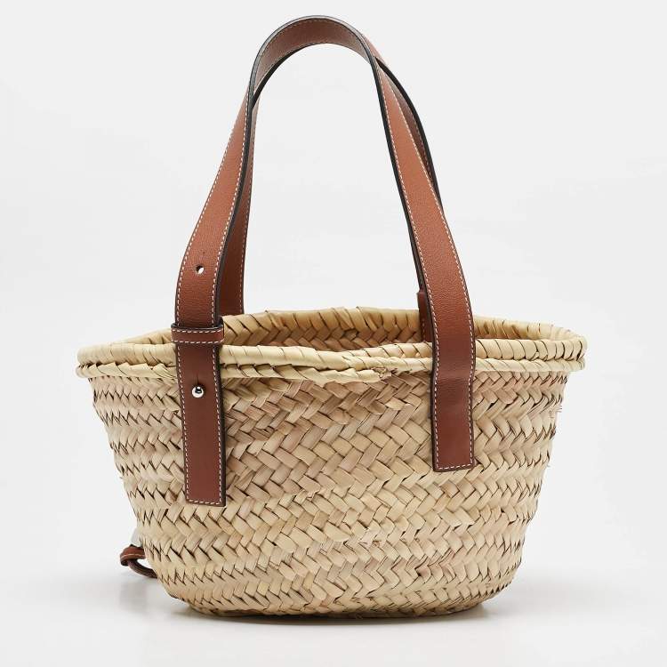 Pre Owned Loewe Brown/Cream Woven Raffia and Leather Basket Bag