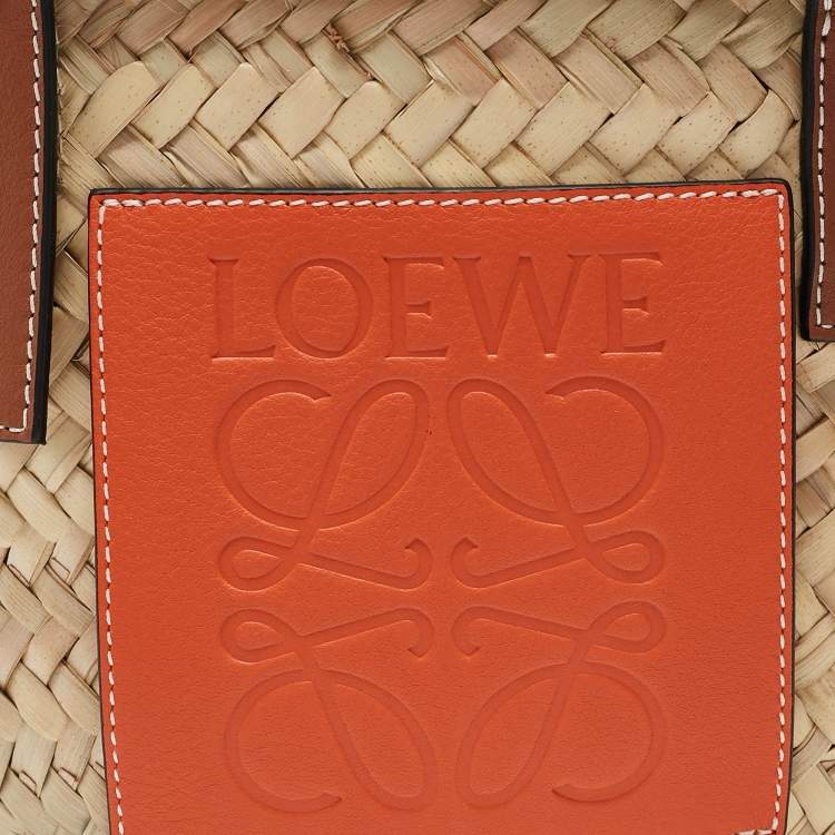 Pre Owned Loewe Brown/Cream Woven Raffia and Leather Basket Bag