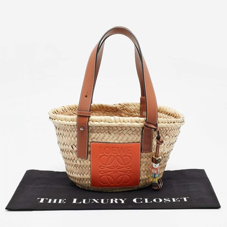 Pre Owned Loewe Brown/Cream Woven Raffia and Leather Basket Bag