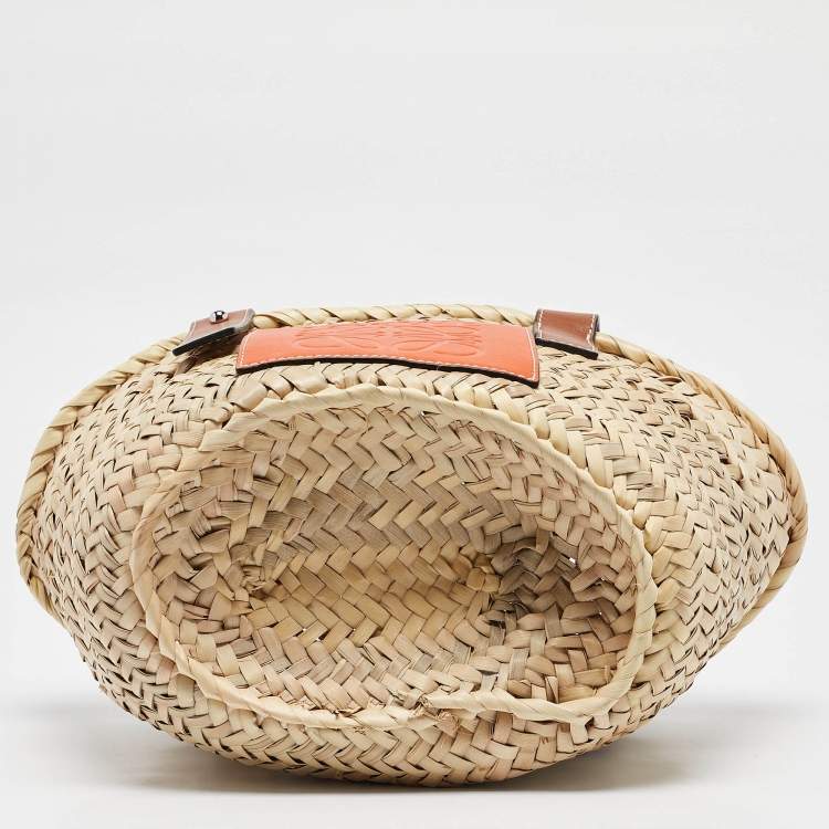 Pre Owned Loewe Brown/Cream Woven Raffia and Leather Basket Bag