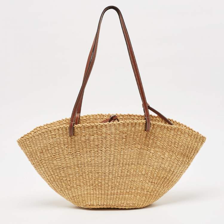 Pre Owned Loewe Brown/Tan Woven Raffia Small Shell Basket Bag