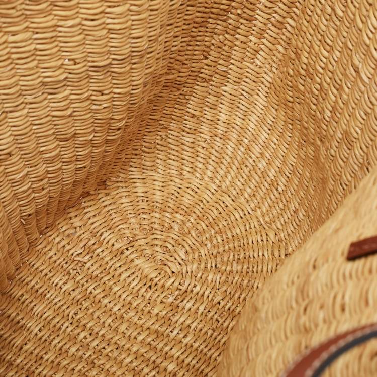 Pre Owned Loewe Brown/Tan Woven Raffia Small Shell Basket Bag
