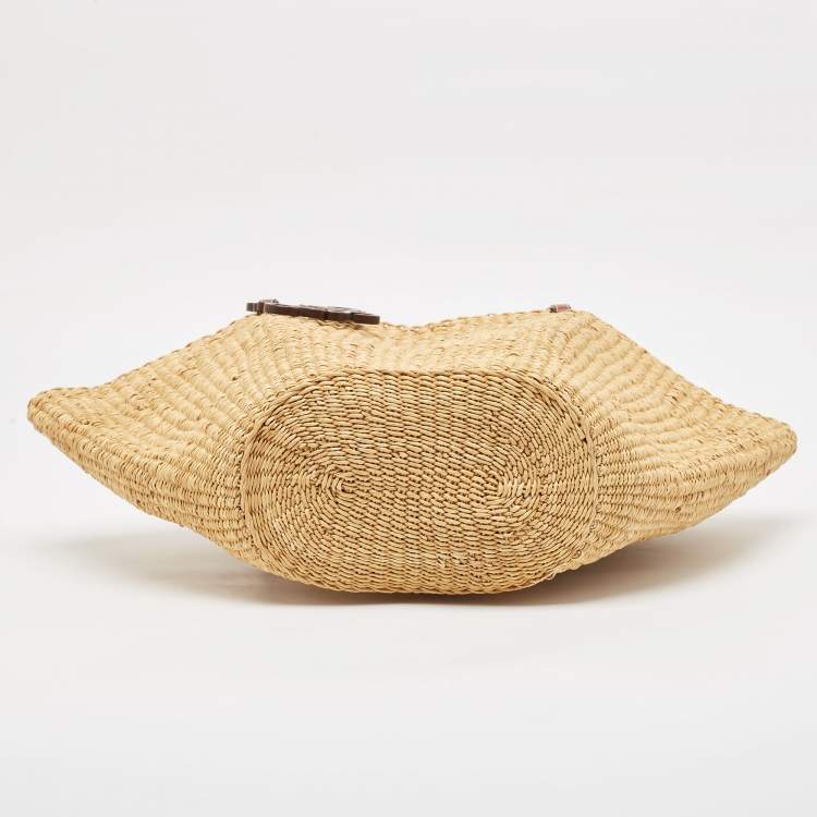 Pre Owned Loewe Brown/Tan Woven Raffia Small Shell Basket Bag