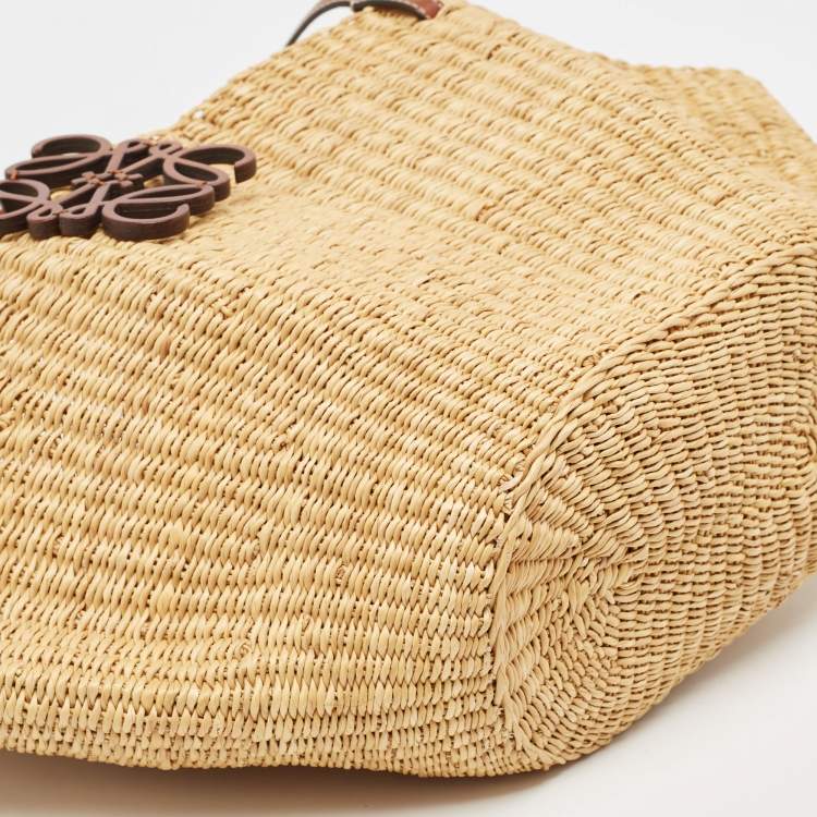 Pre Owned Loewe Brown/Tan Woven Raffia Small Shell Basket Bag