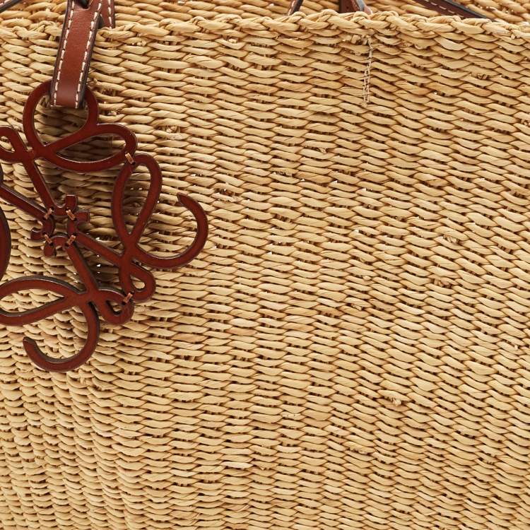 Pre Owned Loewe Brown/Tan Woven Raffia Small Shell Basket Bag