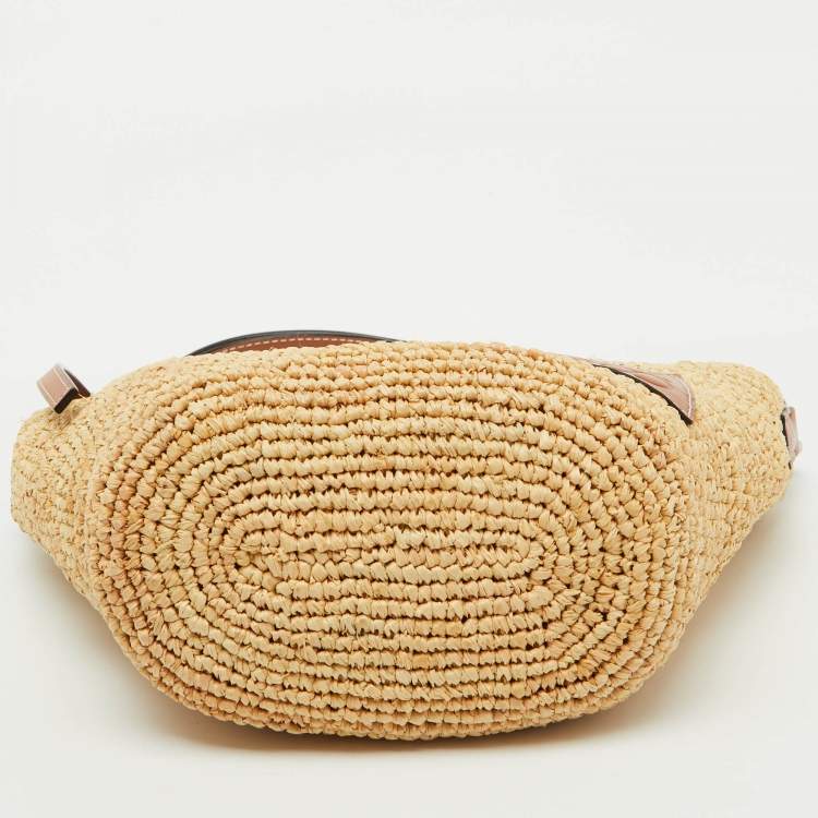 Pre Owned Loewe Beige/Tan Woven Raffia and Leather Slit Pochette Bag