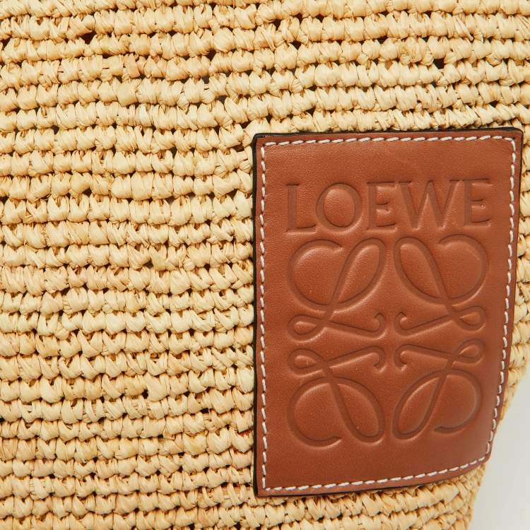 Pre Owned Loewe Beige/Tan Woven Raffia and Leather Slit Pochette Bag
