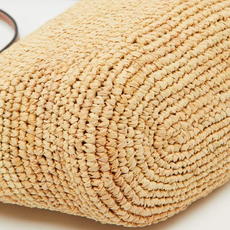 Pre Owned Loewe Beige/Tan Woven Raffia and Leather Slit Pochette Bag
