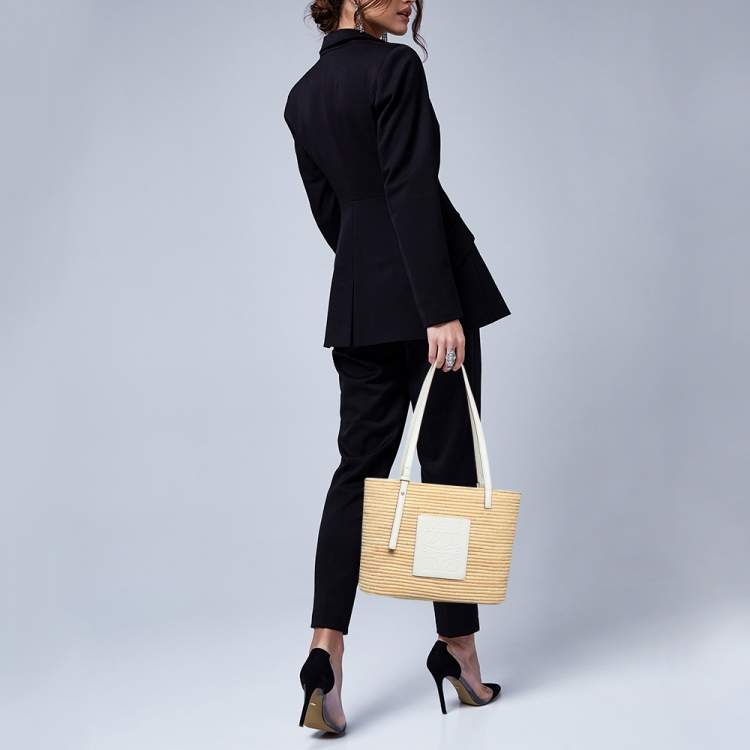 Pre Owned Loewe Beige/White Leather and Raffia Small Square Basket Tote