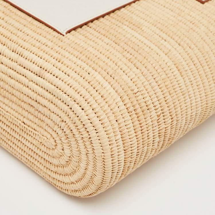Pre Owned Loewe Beige/White Leather and Raffia Small Square Basket Tote