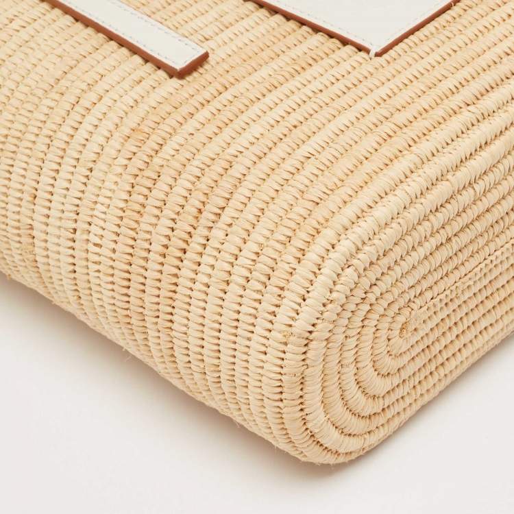 Pre Owned Loewe Beige/White Leather and Raffia Small Square Basket Tote