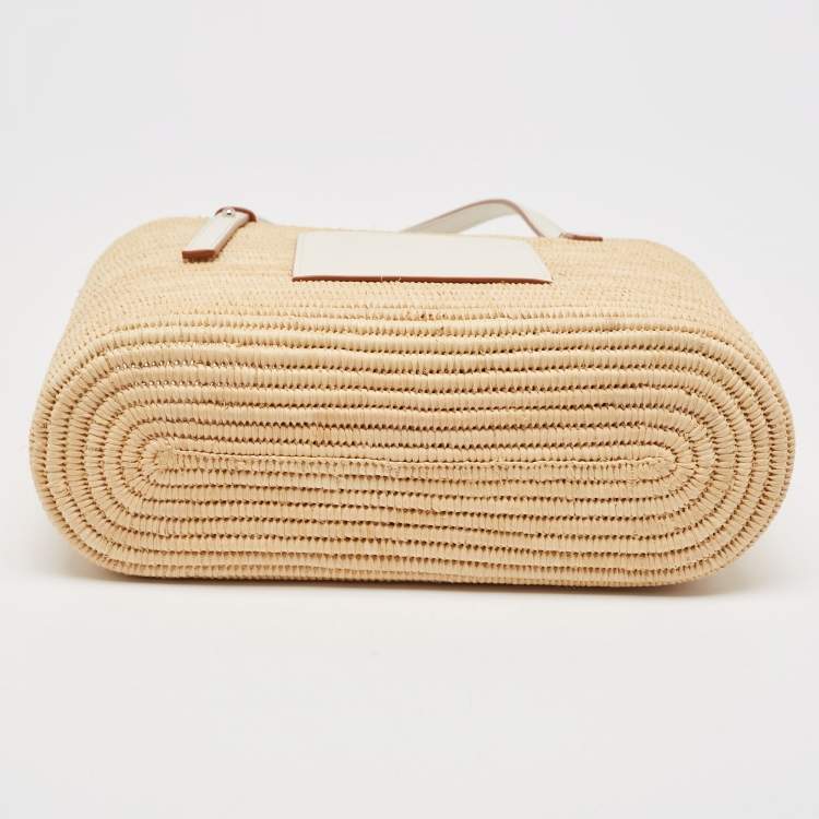Pre Owned Loewe Beige/White Leather and Raffia Small Square Basket Tote