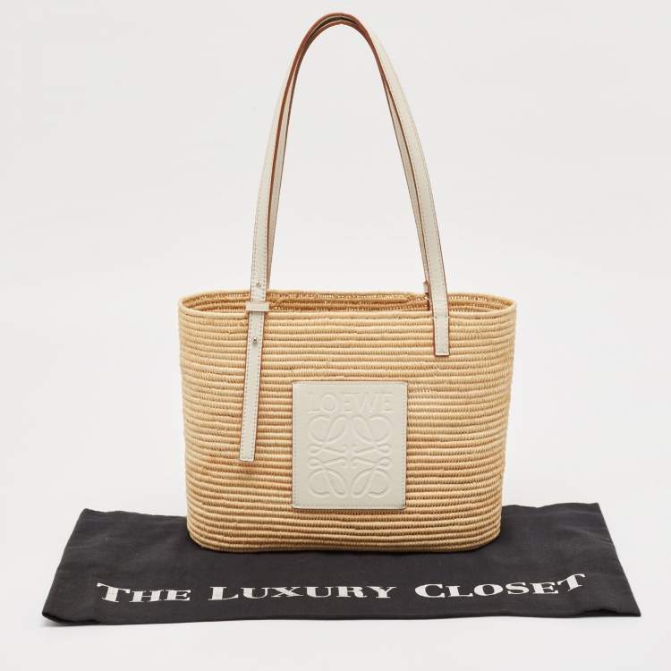 Pre Owned Loewe Beige/White Leather and Raffia Small Square Basket Tote