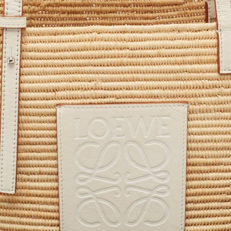 Pre Owned Loewe Beige/White Leather and Raffia Small Square Basket Tote