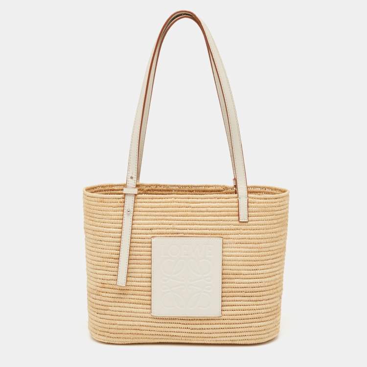 Pre Owned Loewe Beige/White Leather and Raffia Small Square Basket Tote