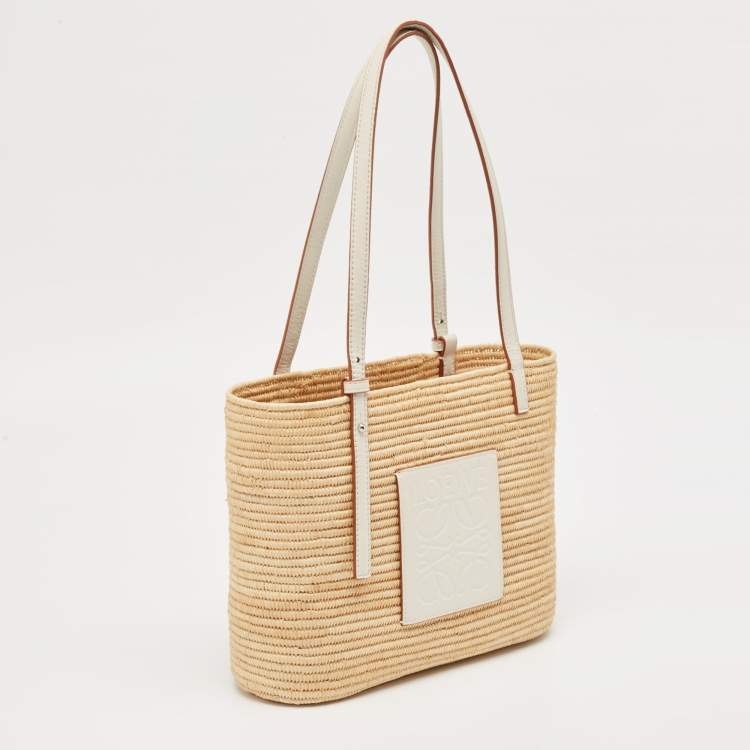 Pre Owned Loewe Beige/White Leather and Raffia Small Square Basket Tote