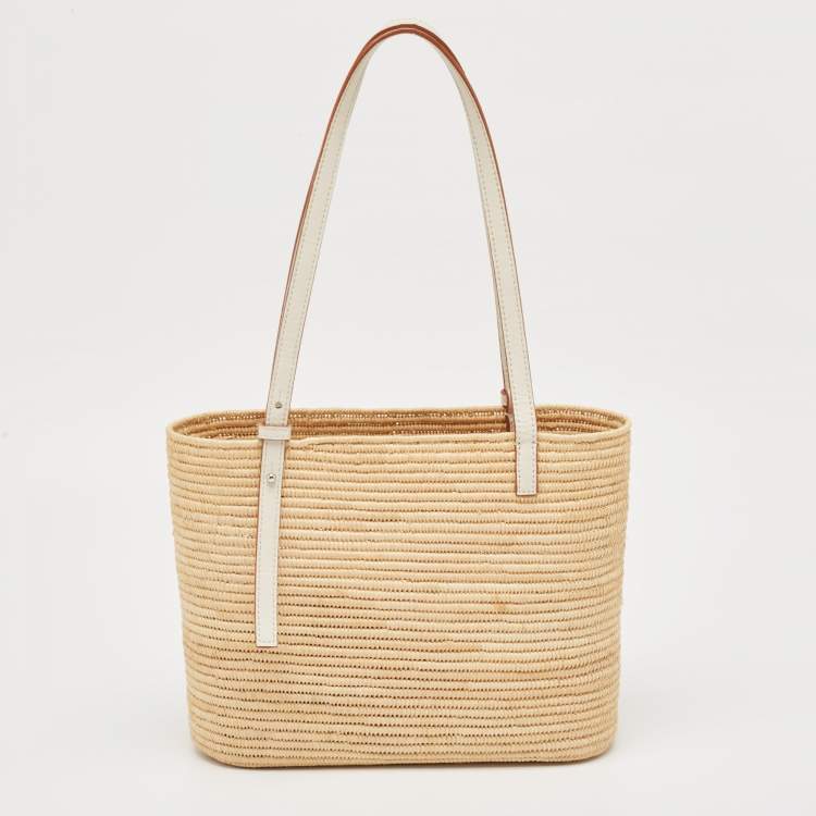 Pre Owned Loewe Beige/White Leather and Raffia Small Square Basket Tote