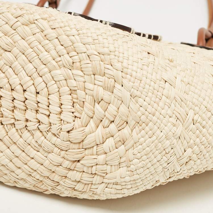 Pre Owned Loewe Cream/Brown Woven Raffi and Leather Small Anagram Basket Bag