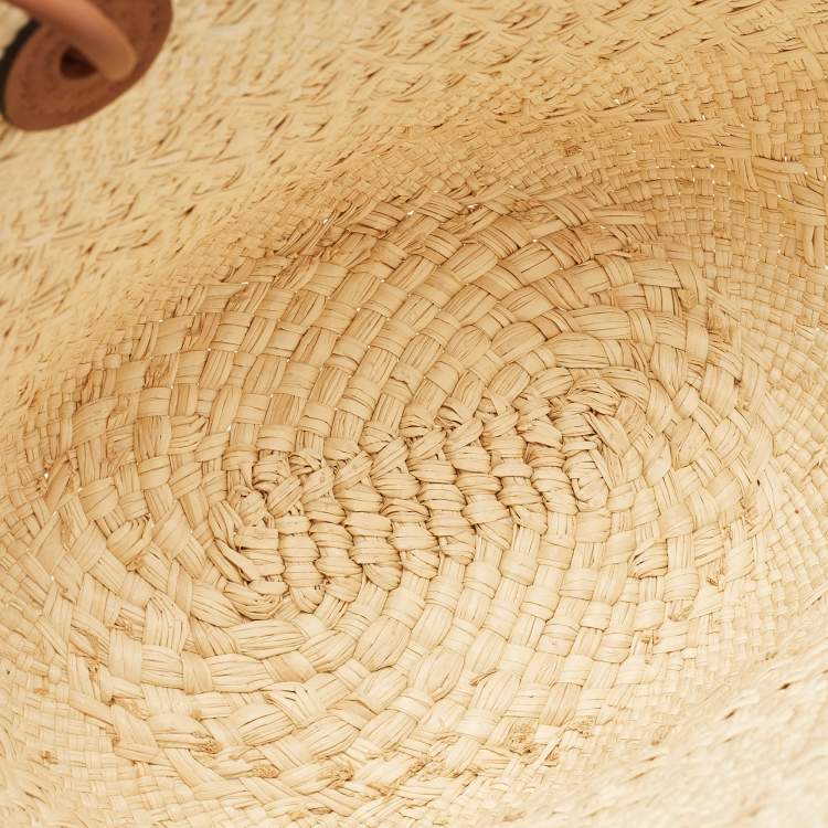 Pre Owned Loewe Cream/Brown Woven Raffi and Leather Small Anagram Basket Bag