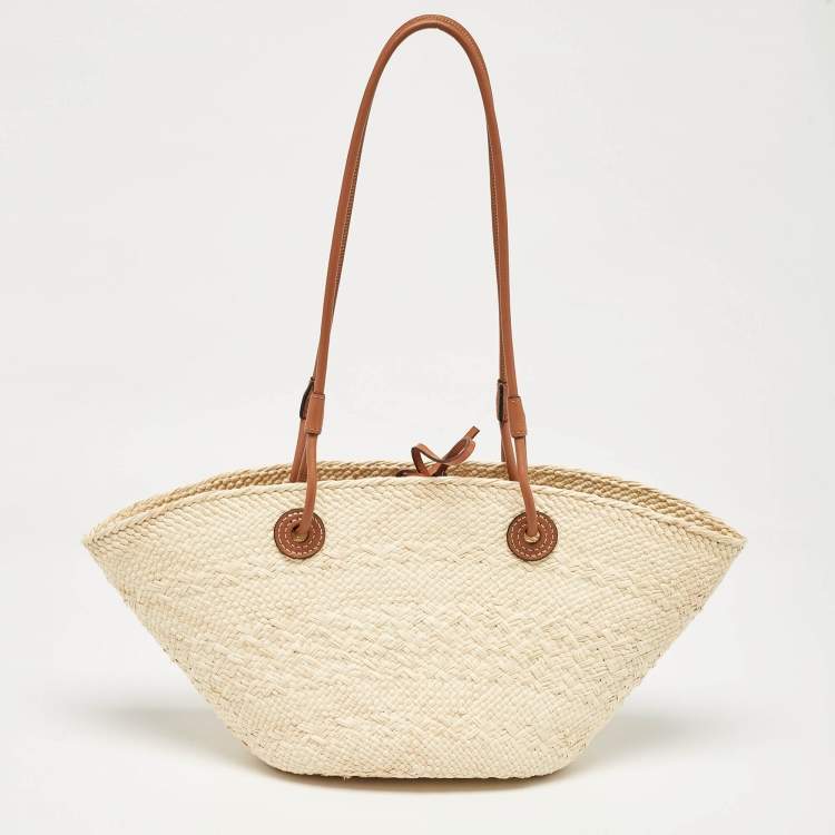 Pre Owned Loewe Cream/Brown Woven Raffi and Leather Small Anagram Basket Bag