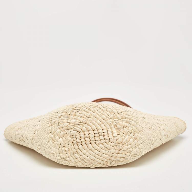 Pre Owned Loewe Cream/Brown Woven Raffi and Leather Small Anagram Basket Bag