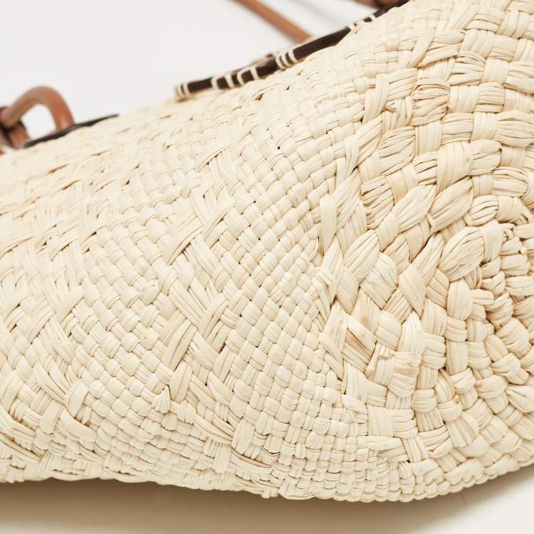Pre Owned Loewe Cream/Brown Woven Raffi and Leather Small Anagram Basket Bag