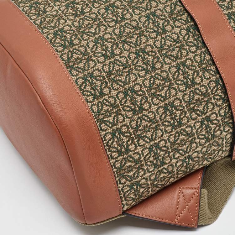 Pre Owned Loewe Khaki Green/Brown Anagram Jacquard and Leather Backpack