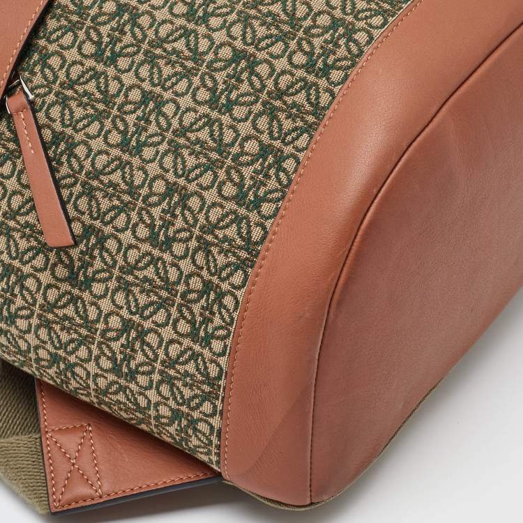 Pre Owned Loewe Khaki Green/Brown Anagram Jacquard and Leather Backpack