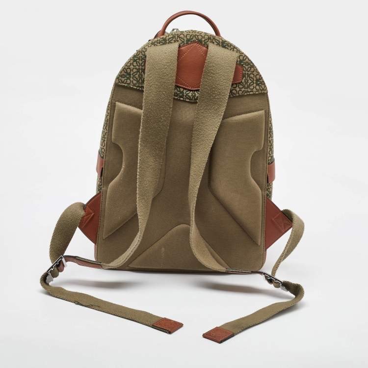 Pre Owned Loewe Khaki Green/Brown Anagram Jacquard and Leather Backpack
