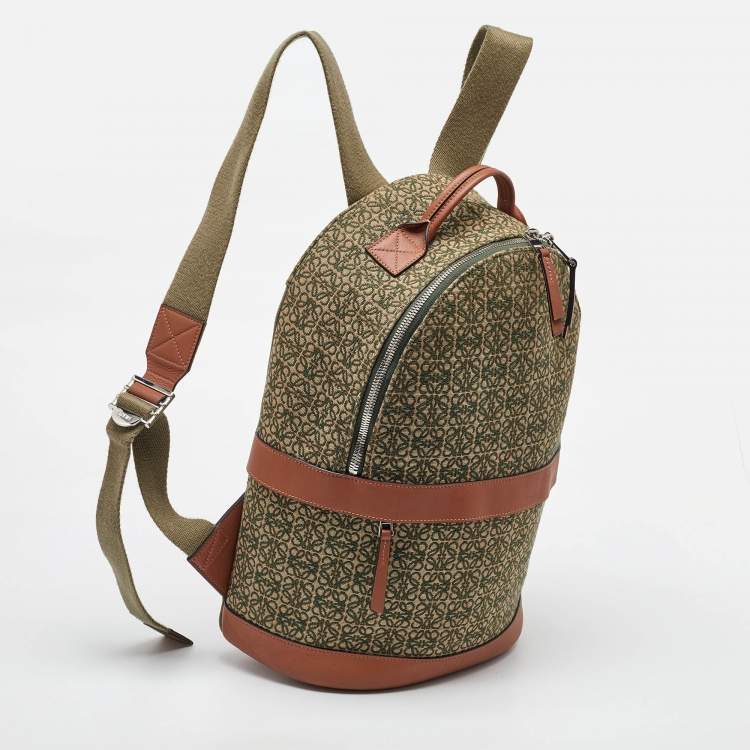 Pre Owned Loewe Khaki Green/Brown Anagram Jacquard and Leather Backpack