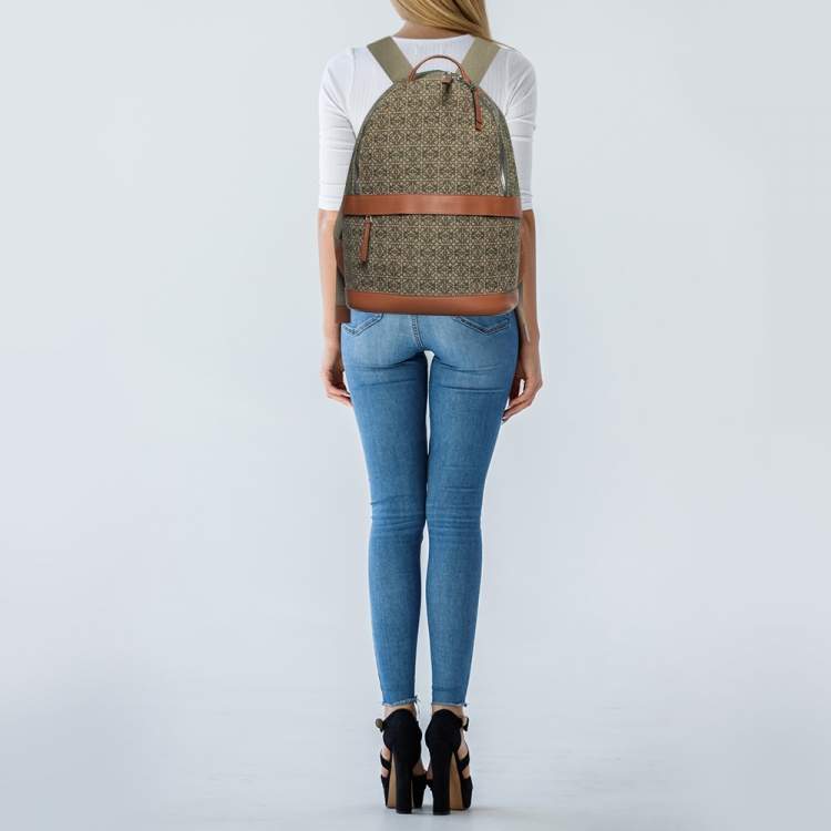 Pre Owned Loewe Khaki Green/Brown Anagram Jacquard and Leather Backpack