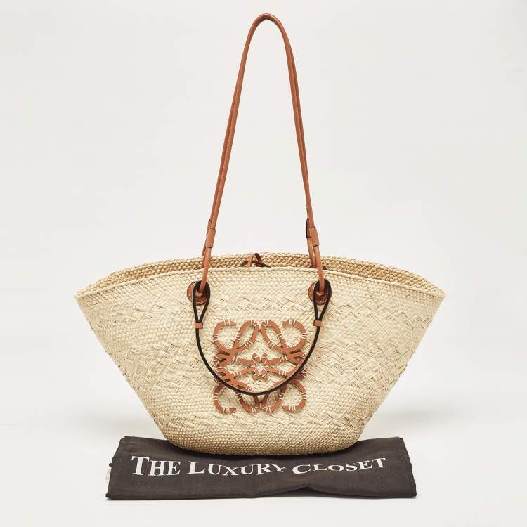 Pre Owned Loewe Beige/Brown Raffia and Leather Anagram Basket Tote