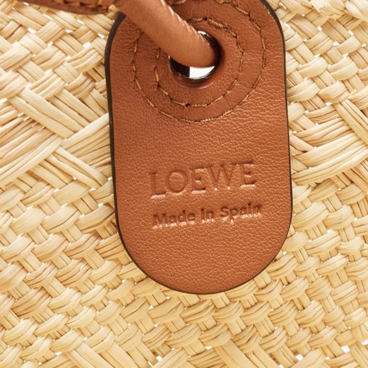 Pre Owned Loewe Beige/Brown Raffia and Leather Anagram Basket Tote
