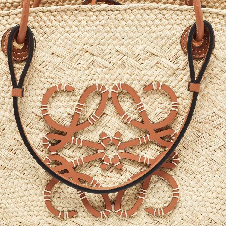 Pre Owned Loewe Beige/Brown Raffia and Leather Anagram Basket Tote