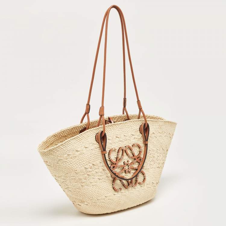 Pre Owned Loewe Beige/Brown Raffia and Leather Anagram Basket Tote