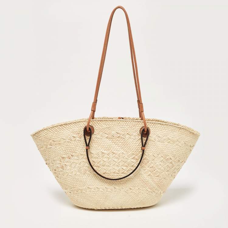 Pre Owned Loewe Beige/Brown Raffia and Leather Anagram Basket Tote