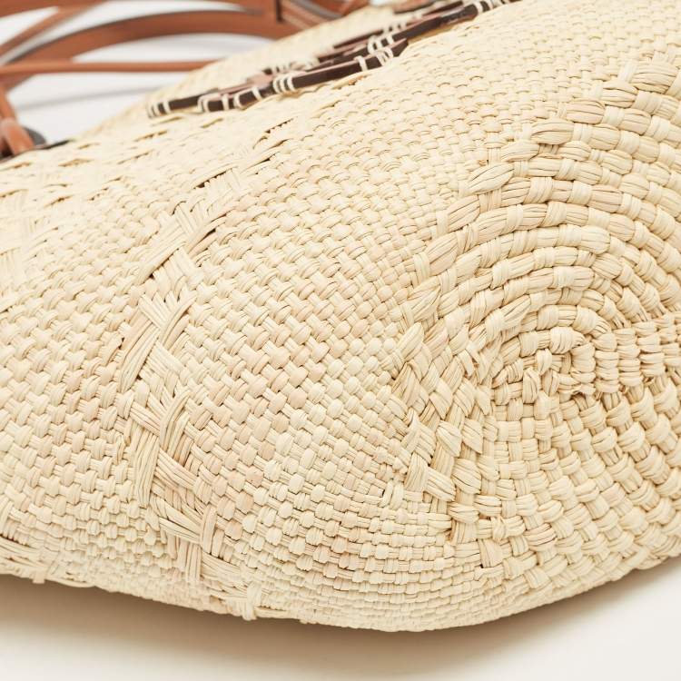 Pre Owned Loewe Beige/Brown Raffia and Leather Anagram Basket Tote