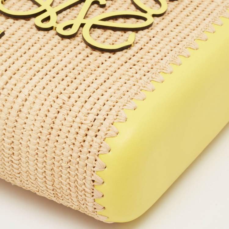 Pre Owned Loewe Yellow/Beige Leather and Raffia Mini Anagram Basket Tote