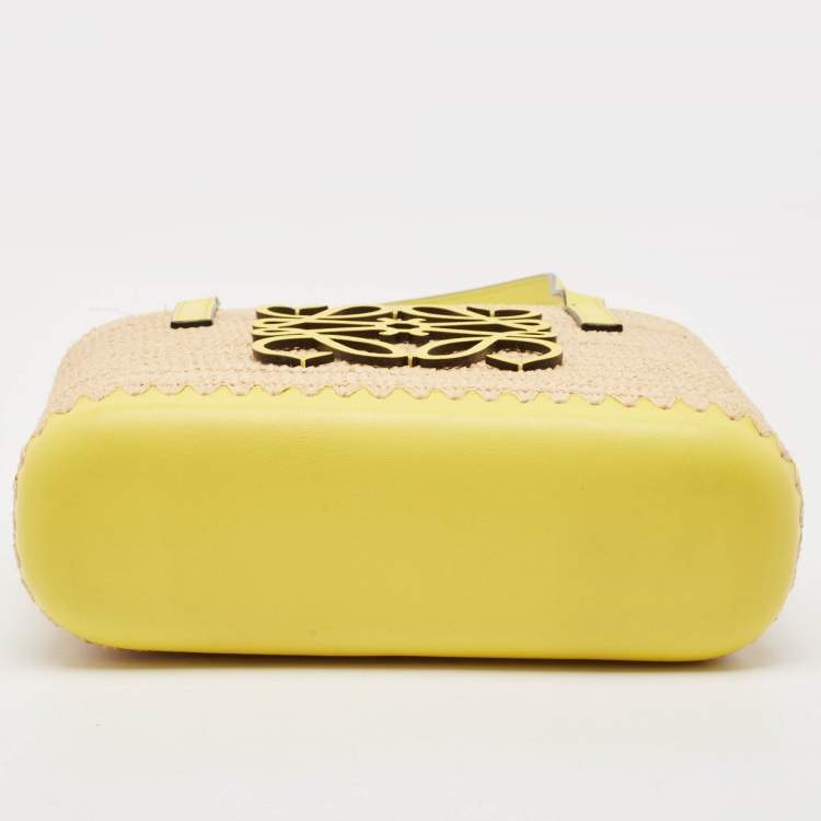 Pre Owned Loewe Yellow/Beige Leather and Raffia Mini Anagram Basket Tote