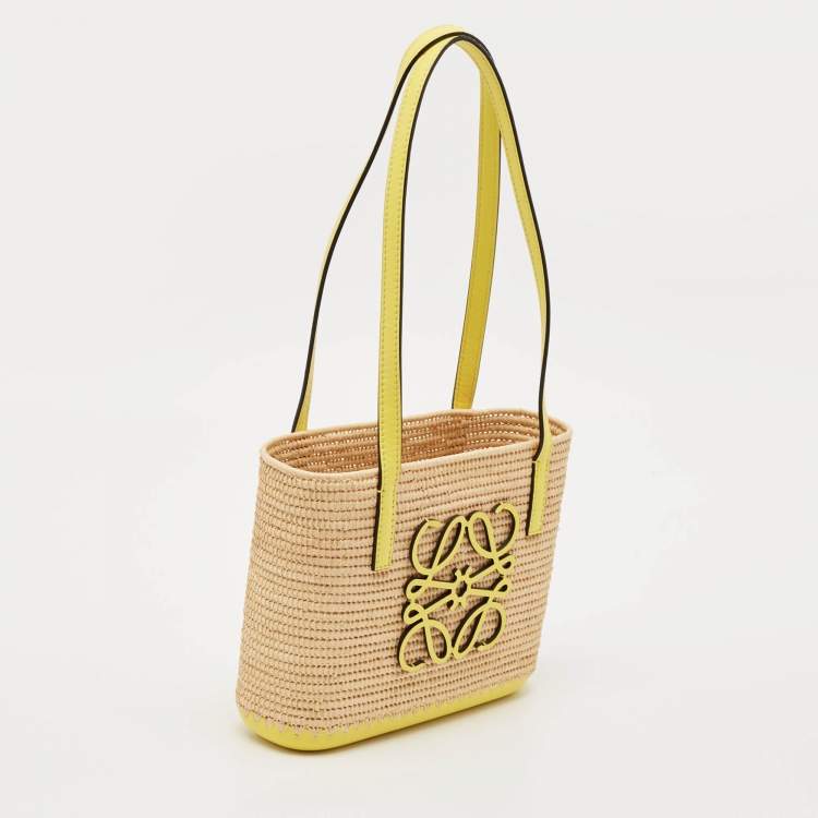 Pre Owned Loewe Yellow/Beige Leather and Raffia Mini Anagram Basket Tote