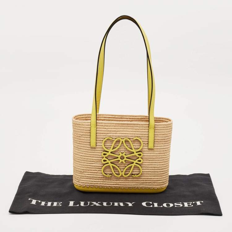 Pre Owned Loewe Yellow/Beige Leather and Raffia Mini Anagram Basket Tote